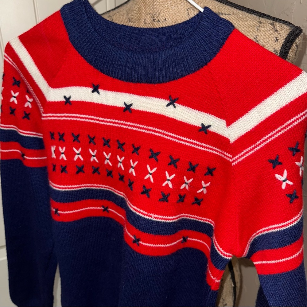 Vintage 60s 70s Veneto by Seaton Ski Sweater Red White Blue DEADSTOCK Knit SM - Picture 2 of 5